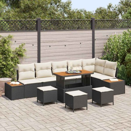 Conjunto de sofá de jardín con cojín 10 pcs Negro Poliratán