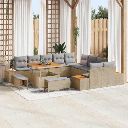 Conjunto de sofá de jardín con cojín 13 pcs Beige Poliratán