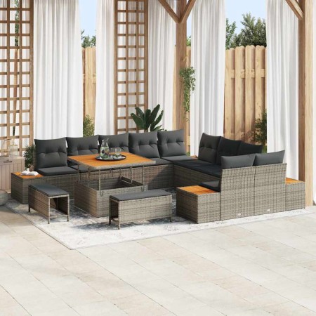 Conjunto de sofá de jardín con cojín 13 pcs Gris Poliratán