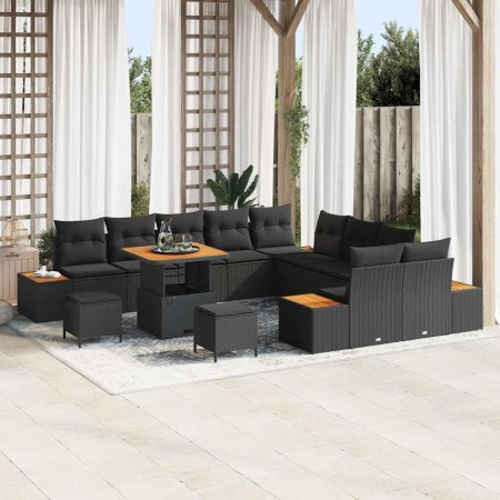 Conjunto de sofá de jardín con cojín 13 pcs Negro Poliratán