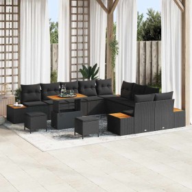 Conjunto de sofá de jardín con cojín 13 pcs Negro Poliratán