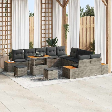 Conjunto de sofá de jardín con cojín 13 pcs Gris Poliratán