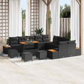 Conjunto de sofá de jardín con cojín 14 pcs Negro Poliratán