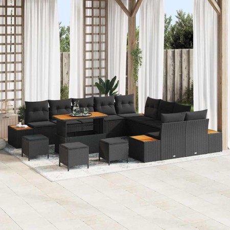 Conjunto de sofá de jardín con cojín 14 pcs Negro Poliratán