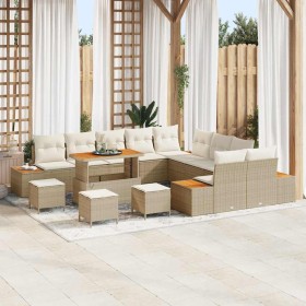 Conjunto de sofá de jardín con cojín 14 pcs Beige Poliratán