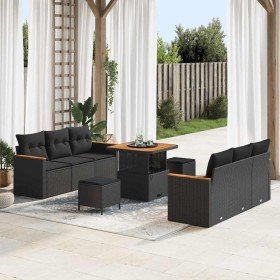 Conjunto de sofá de jardín con cojín 9 pcs Negro Poliratán
