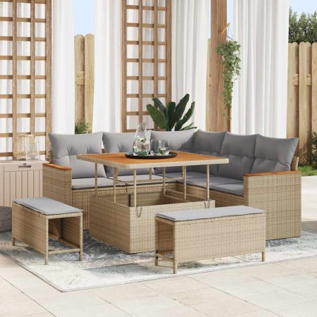 Conjunto de sofá de jardín con cojín 8 pcs Beige Poliratán