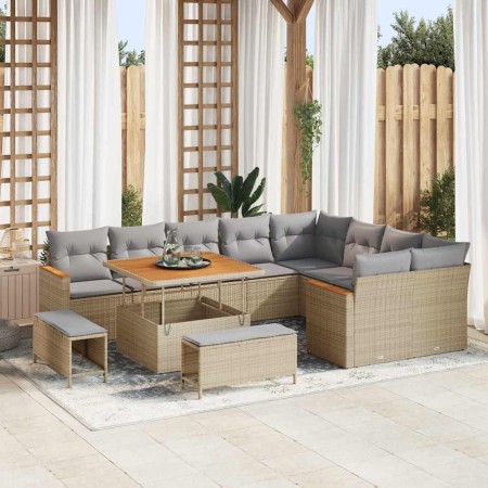 Conjunto de sofá de jardín con cojín 12 pcs Beige Poliratán