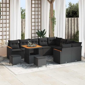 Conjunto de sofá de jardín con cojín 12 pcs Negro Poliratán