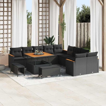 Conjunto de sofá de jardín con cojín 13 pcs Negro Poliratán