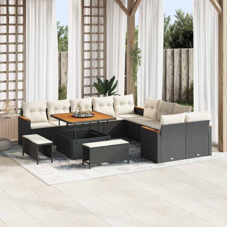 Conjunto de sofá de jardín con cojín 13 pcs Negro Poliratán