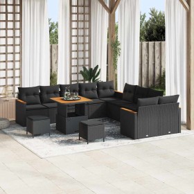 Conjunto de sofá de jardín con cojín 13 pcs Negro Poliratán