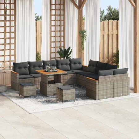 Conjunto de sofá de jardín con cojín 13 pcs Gris Poliratán