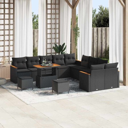 Conjunto de sofá de jardín con cojín 13 pcs Negro Poliratán