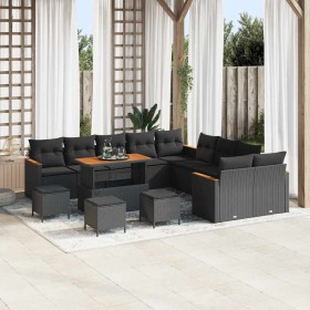 Conjunto de sofá de jardín con cojín 14 pcs Negro Poliratán
