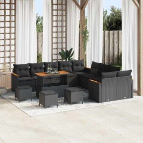 Conjunto de sofá de jardín con cojín 14 pcs Negro Poliratán