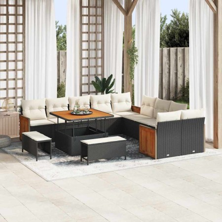 Conjunto de sofá de jardín con cojín 13 pcs Negro y crema