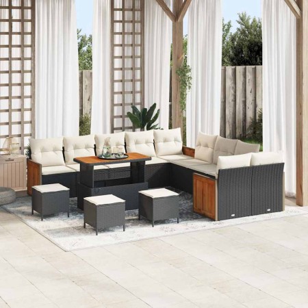 Conjunto de sofá de jardín con cojín 14 pcs Negro y crema