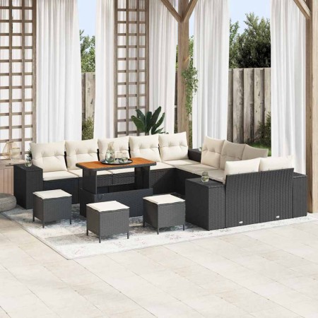 Conjunto de sofá de jardín con cojín 14 pcs Negro y crema