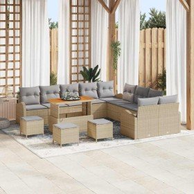 Conjunto de sofá de jardín con cojín 14 pcs Beige y Gris Claro