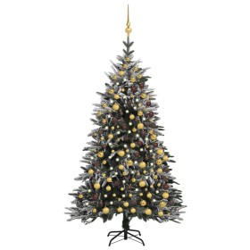 Árbol de Navidad con LED, bolas y nieve flocada PVC y PE 210 cm