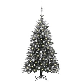 Árbol de Navidad con LED, bolas y nieve flocada PVC y PE 210 cm
