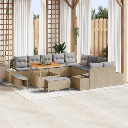 Conjunto de sofá de jardín con cojín 13 pcs Beige y Gris Claro