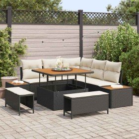 Conjunto de sofá de jardín con cojín 8 pcs Negro Poliratán