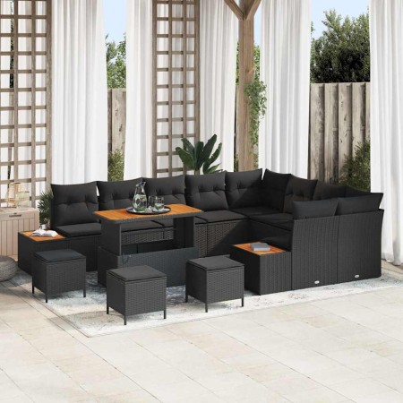 Conjunto de sofá de jardín con cojín 13 pcs Negro Poliratán