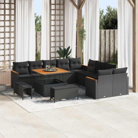 Conjunto de sofá de jardín con cojín 13 pcs Negro Poliratán