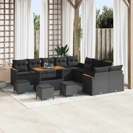 Conjunto de sofá de jardín con cojín 14 pcs Negro Poliratán