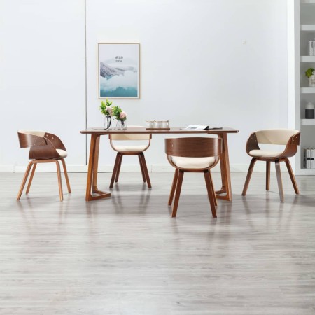 Sillas de comedor 4 uds madera curvada y cuero sintético crema