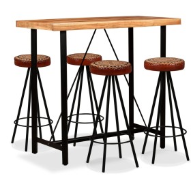 Mesa y 4 taburetes bar madera maciza acacia cuero real y lona