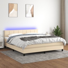 Cama box spring colchón y luces LED tela crema 160x200 cm