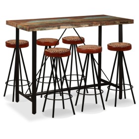 Mesa y 6 taburetes bar madera maciza reciclada cuero real lona