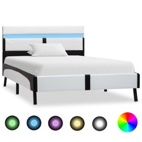 Estructura cama con LED cuero sintético blanco negro 90x200 cm