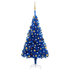 Árbol de Navidad preiluminado con luces y bolas azul 150 cm