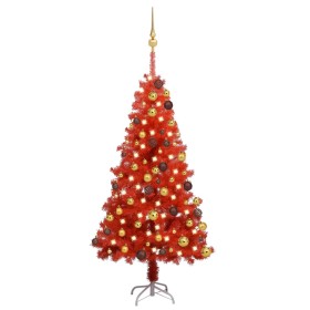 Árbol de Navidad preiluminado con luces y bolas rojo 120 cm
