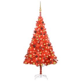 Árbol de Navidad preiluminado con luces y bolas rojo 150 cm