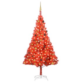 Árbol de Navidad preiluminado con luces y bolas rojo 210 cm