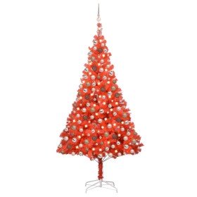 Árbol de Navidad preiluminado con luces y bolas rojo 210 cm