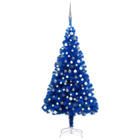 Árbol de Navidad preiluminado con luces y bolas azul 180 cm