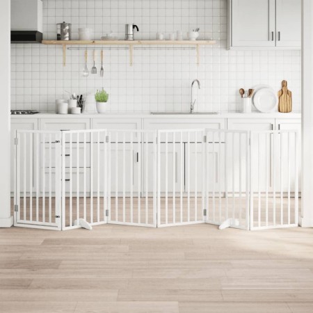 Puerta para perros con puerta plegable de 6 paneles, blanca, 300 cm, madera de álamo en Casetas y cercados para perros | Comprar