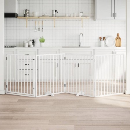 Puerta para perros con puerta plegable de 4 paneles, blanca, 320 cm, madera de álamo en Casetas y cercados para perros | Comprar