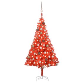 Árbol de Navidad preiluminado con luces y bolas rojo 180 cm