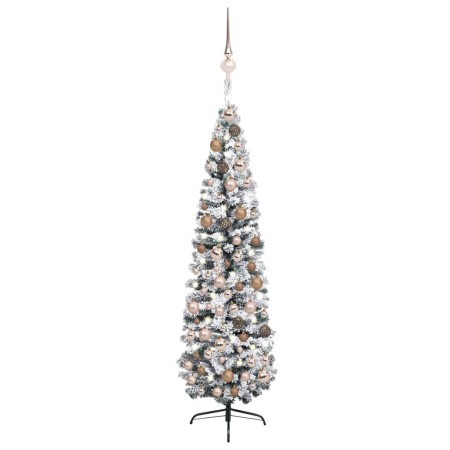 Árbol Navidad artificial estrecho con LED y bolas verde 210 cm