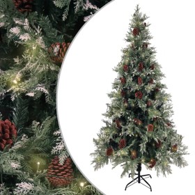 Árbol de Navidad con luces y piñas PVC PE verde y blanco 225 cm