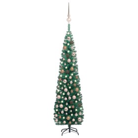 Árbol Navidad artificial estrecho con LED y bolas verde 210 cm