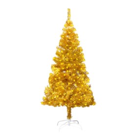 Árbol Navidad artificial con LEDs y soporte PVC dorado 150 cm