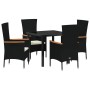Conjunto de Comedor de Jardín con cojín 5 pcs Negro Poliratán